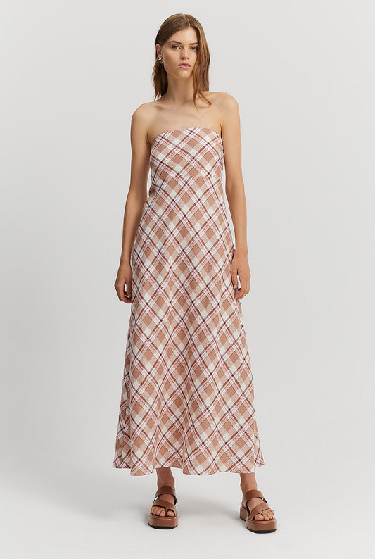 Country Road Linen Check Strapless Maxi