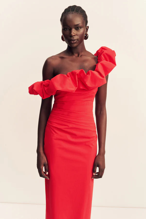 Shona Joy Campbell Ruffle Draped Maxi Dress in Goji