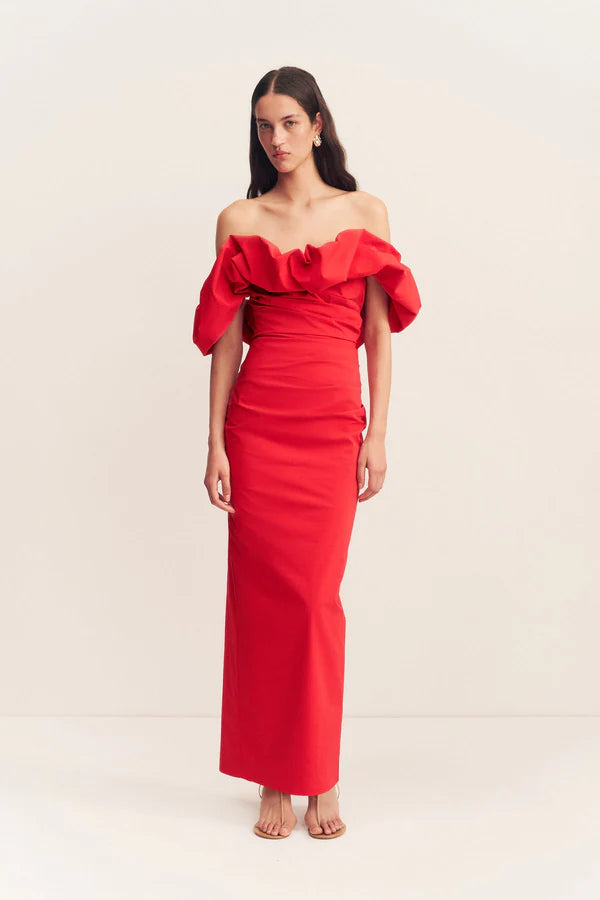 Shona Joy Campbell Ruffle Draped Maxi Dress in Goji